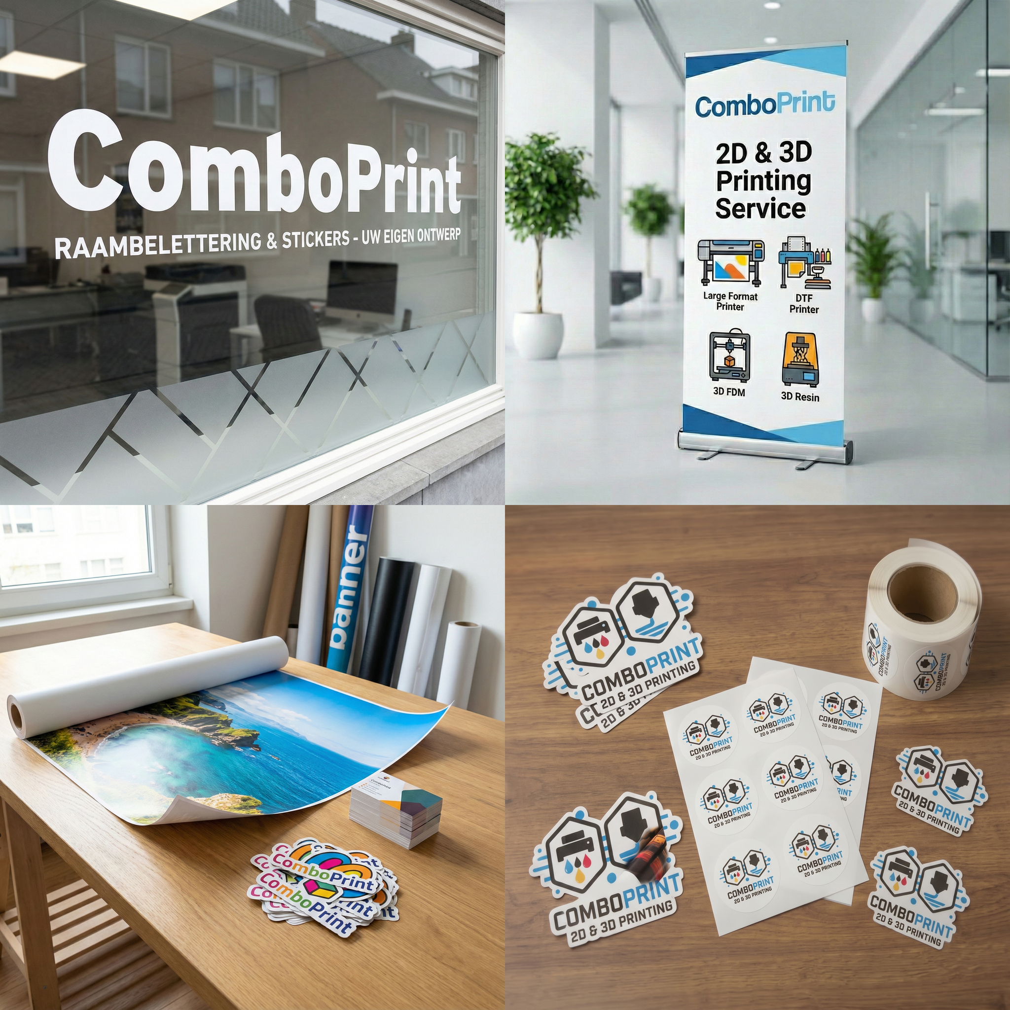 2D-print bij ComboPrint: raambelettering, roll-up banner, groot formaat prints en stickers