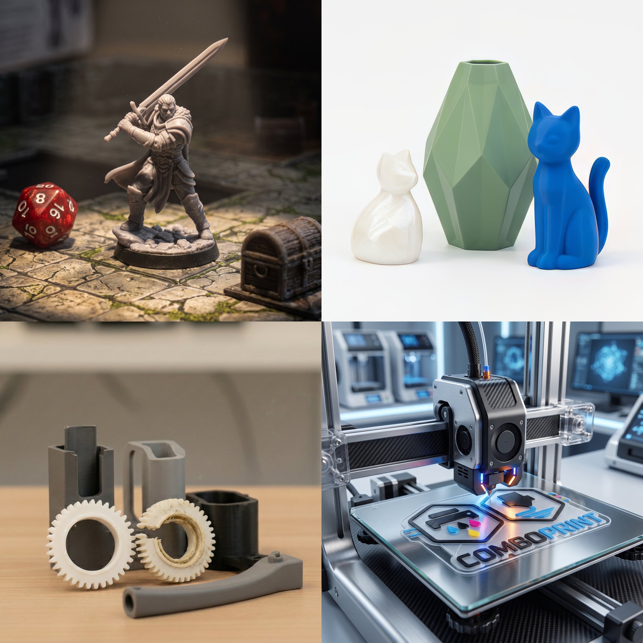 3D-print: miniatuur, decoratieve en functionele onderdelen en het ComboPrint-logo op de bouwplaat
