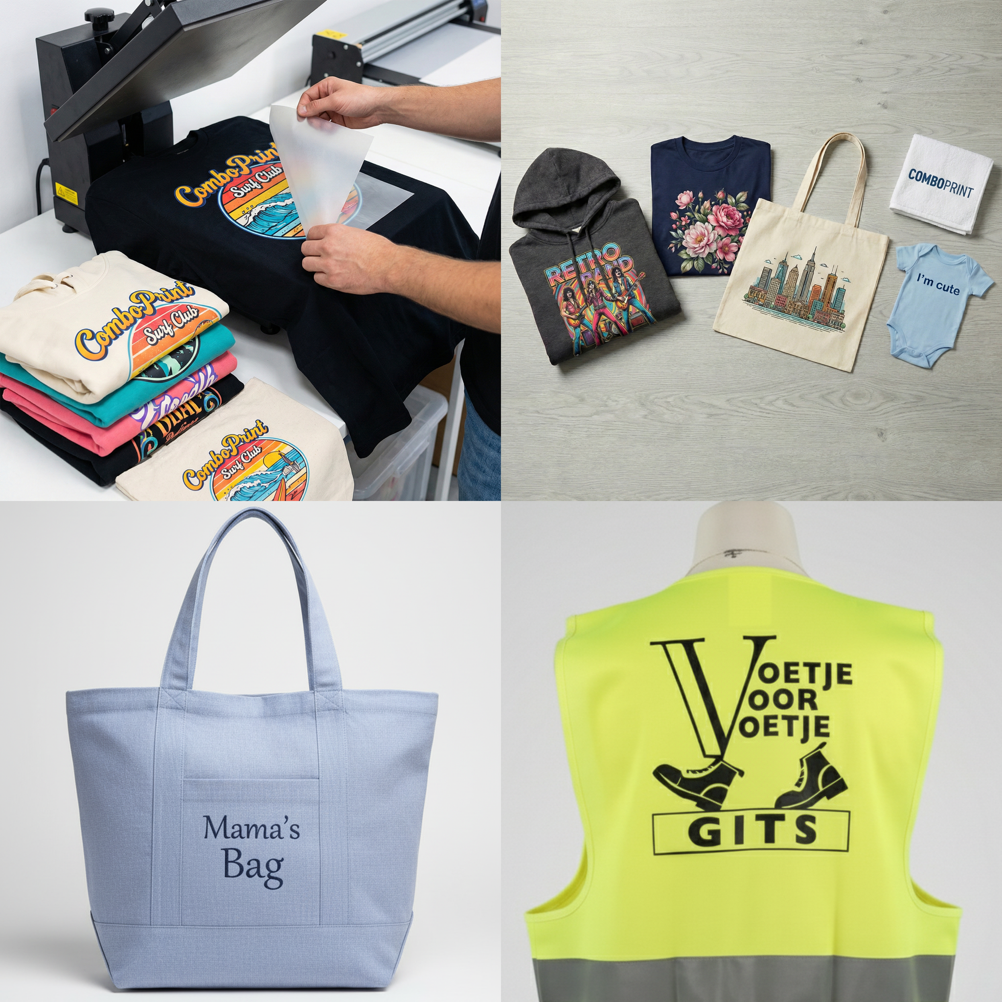 Textieldruk (DTF): transferpers, bedrukte kleding, tote bag en fluohesjes
