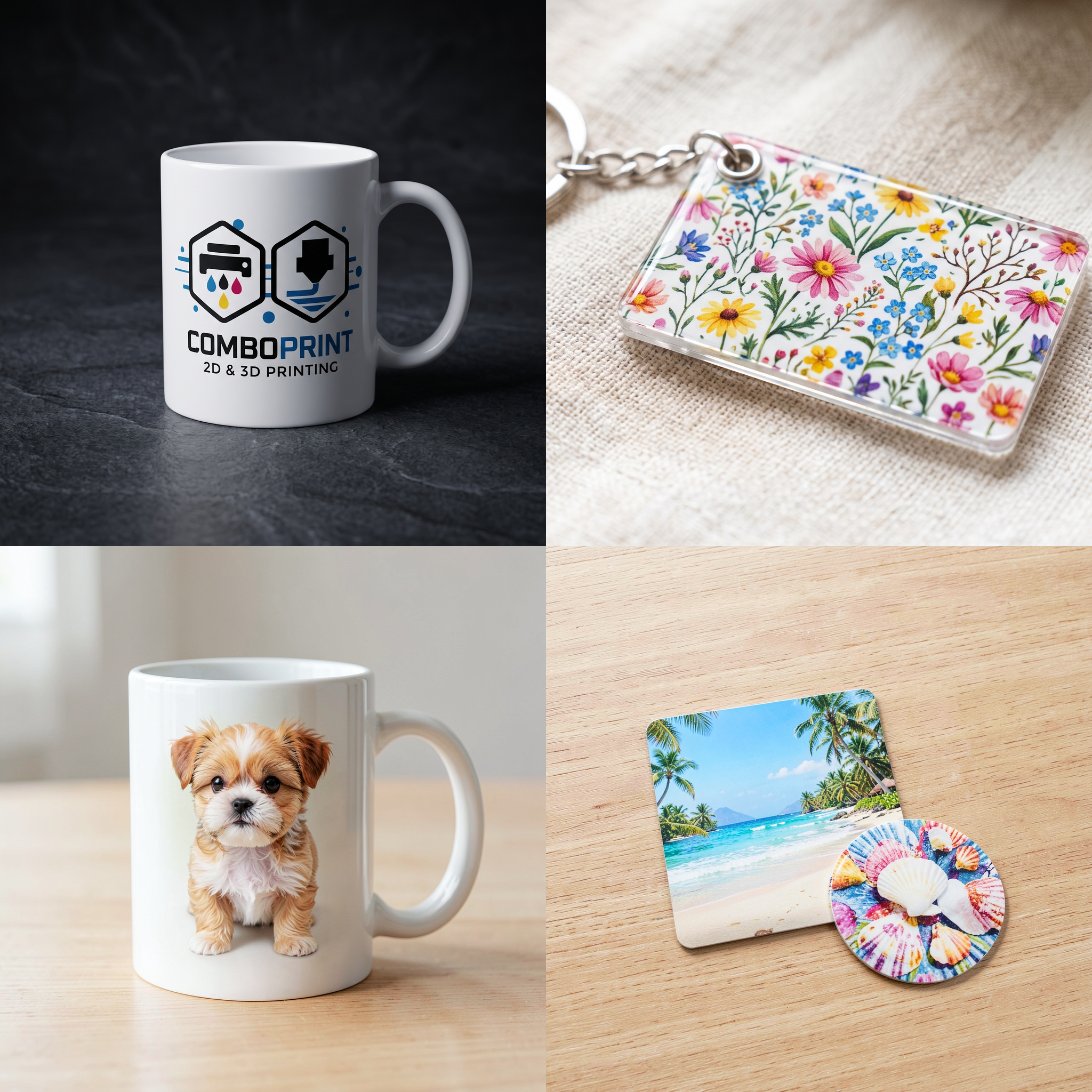 Sublimatie collage: mok met logo, fotomok, bloemensleutelhanger en fotopaneel met onderzetters