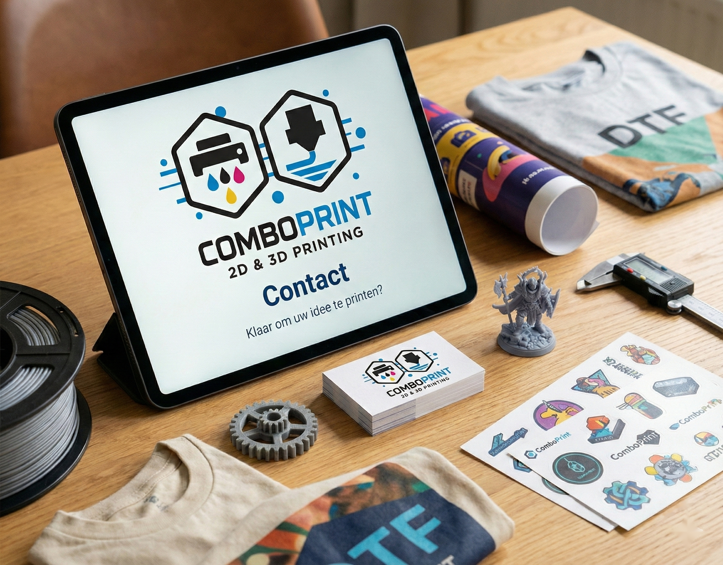 ComboPrint contact: bureau met tablet, visitekaartjes en 3D-prints