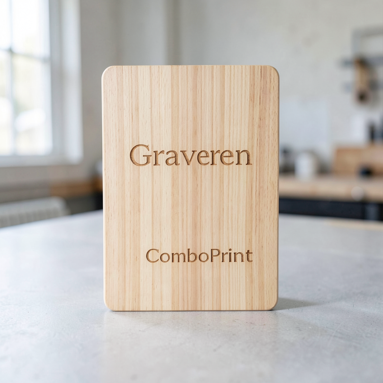 Gegraveerde houten snijplank met ComboPrint-logo