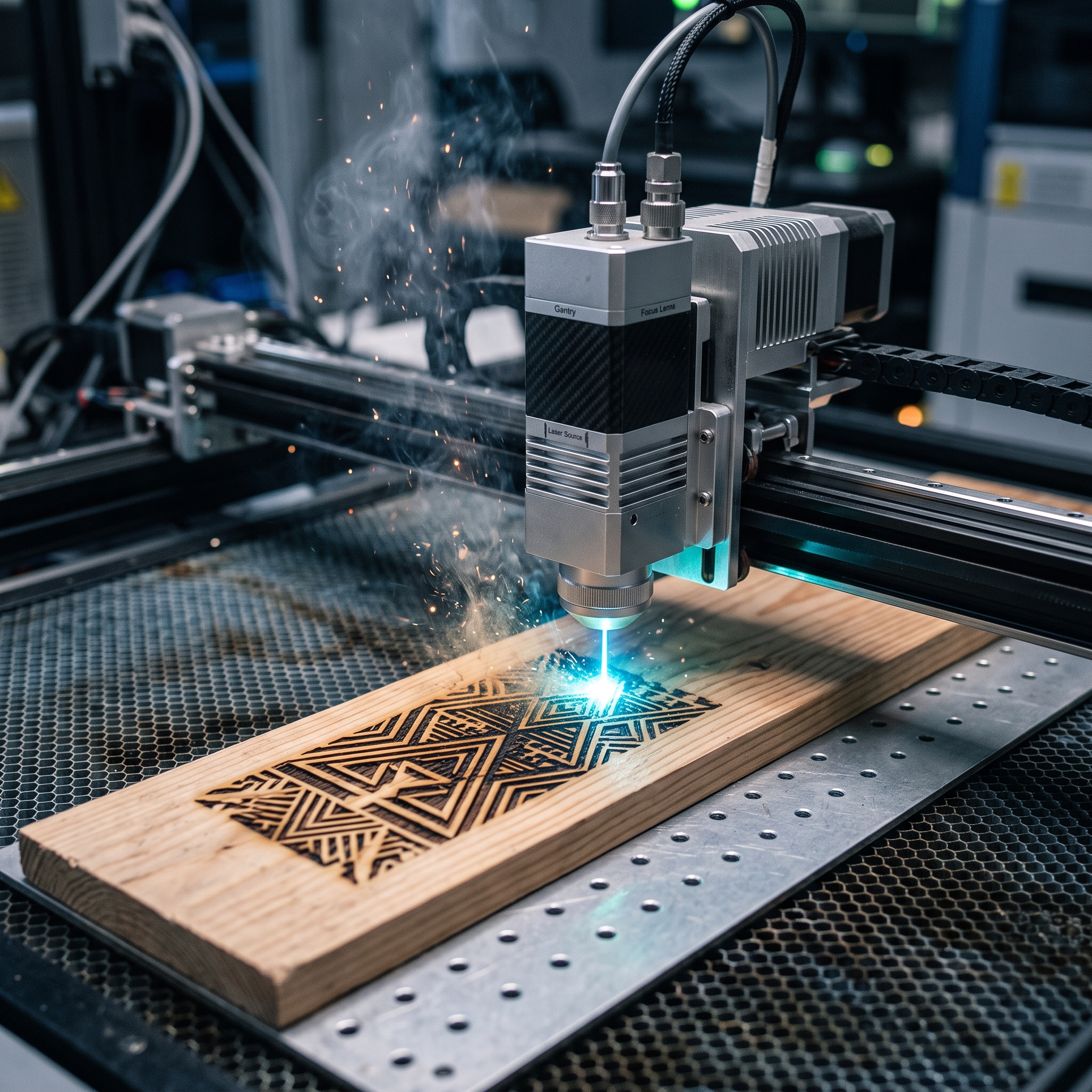 Laser graveert een patroon in hout