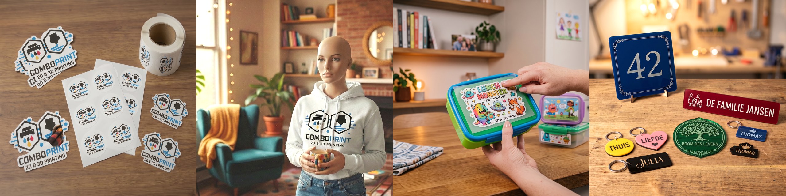 ComboPrint realisaties: stickers, textieldruk, UV DTF op brooddoos en gegraveerde naambordjes