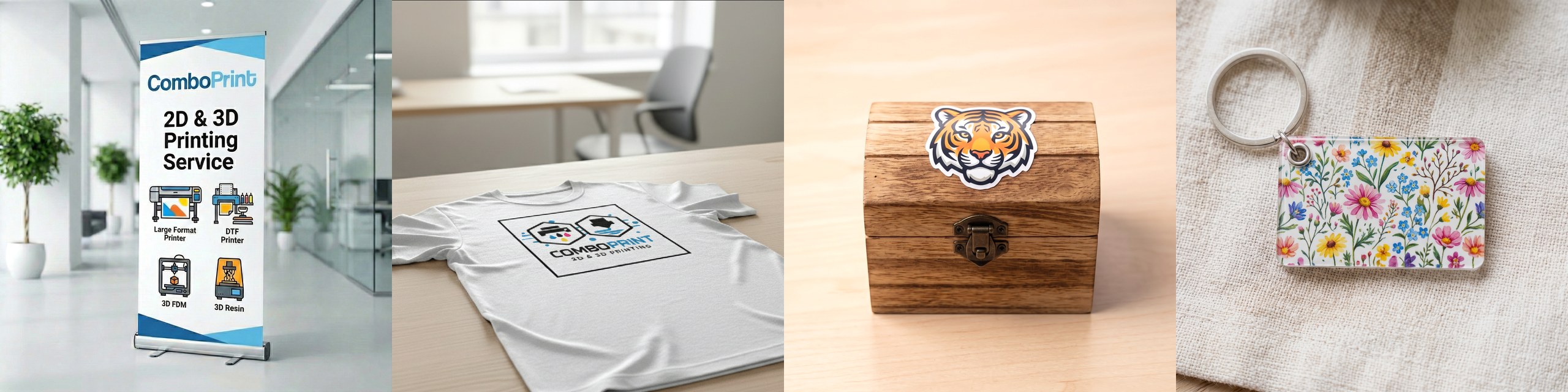 ComboPrint printwerk: roll-up banners, bedrukt t-shirt, UV DTF op houten kist en gepersonaliseerde sleutelhanger