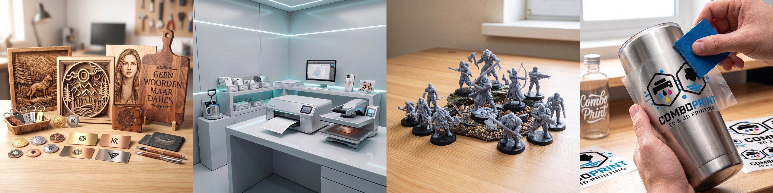 ComboPrint atelier: graveerwerk, sublimatie, 3D-print miniaturen en tumbler met UV DTF-decal