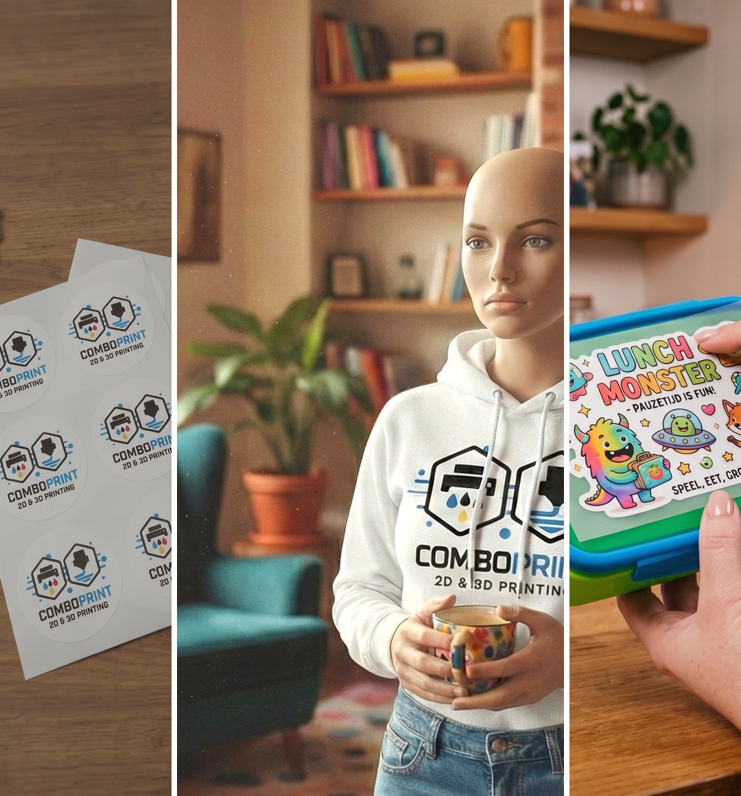 ComboPrint mobiel: stickers, bedrukte hoodie en UV DTF op brooddoos
