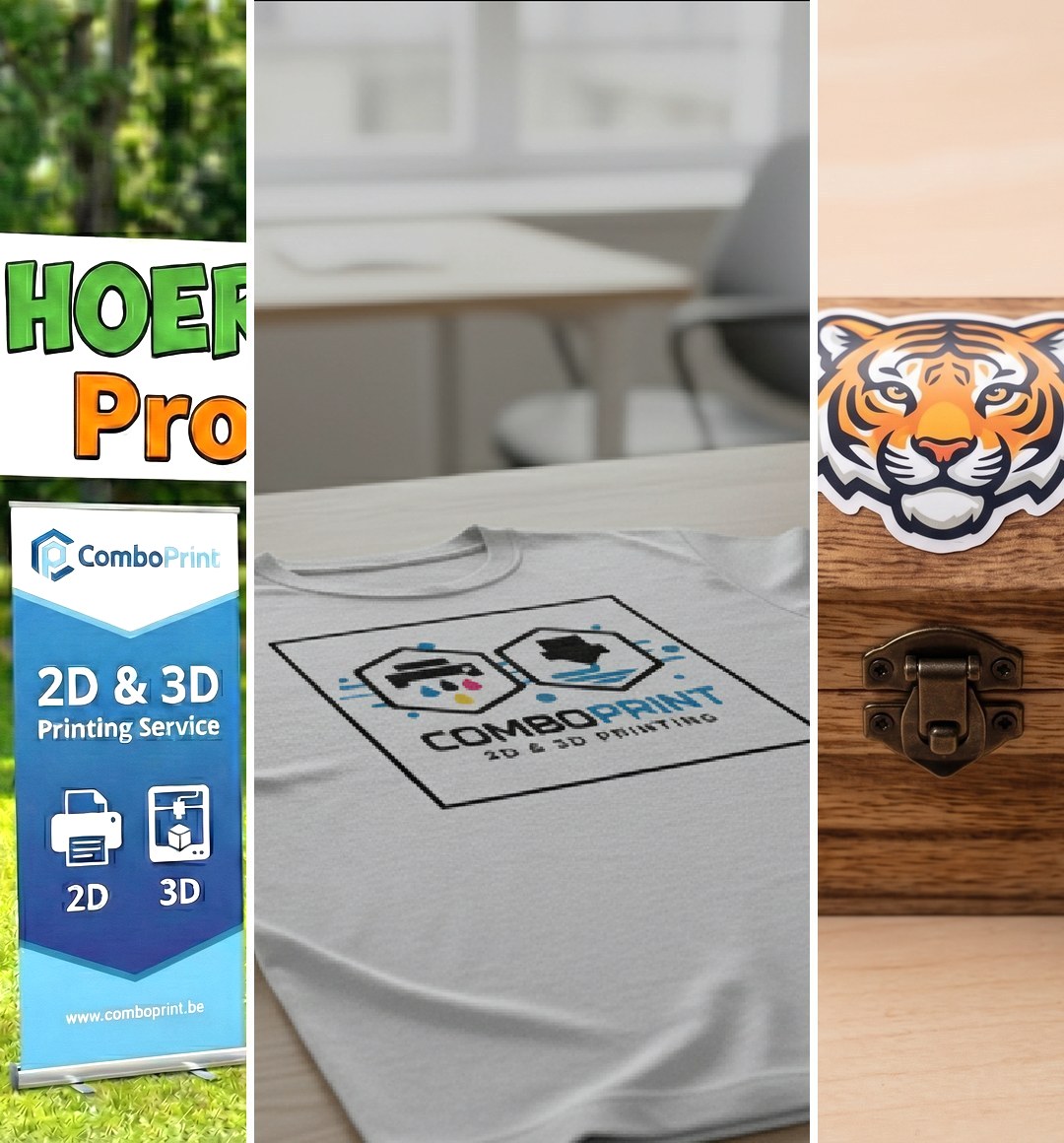 ComboPrint mobiel: roll-up banner, bedrukt t-shirt en UV DTF op houten kist