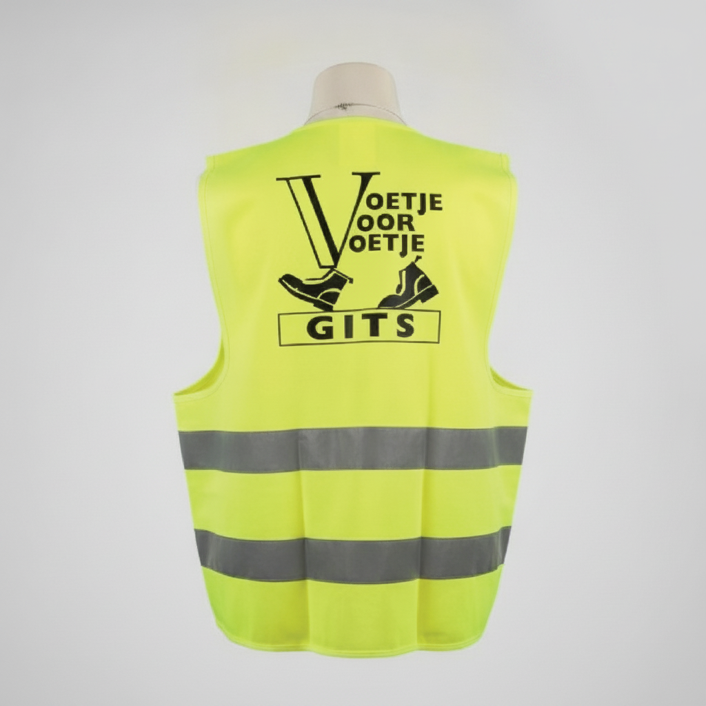 Fluohesje met bedrukt logo van Voetje voor Voetje