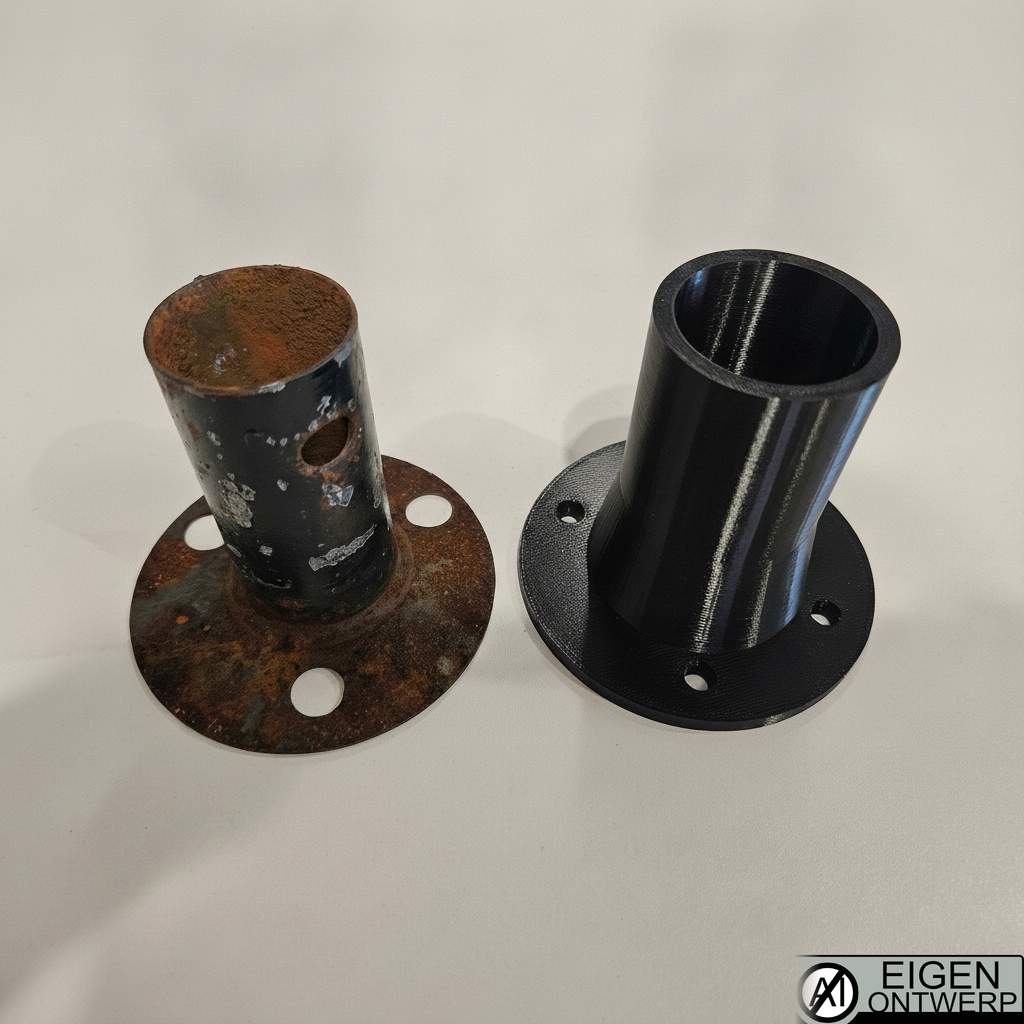 3D-geprint vervangstuk voor een tent, naast het versleten originele onderdeel