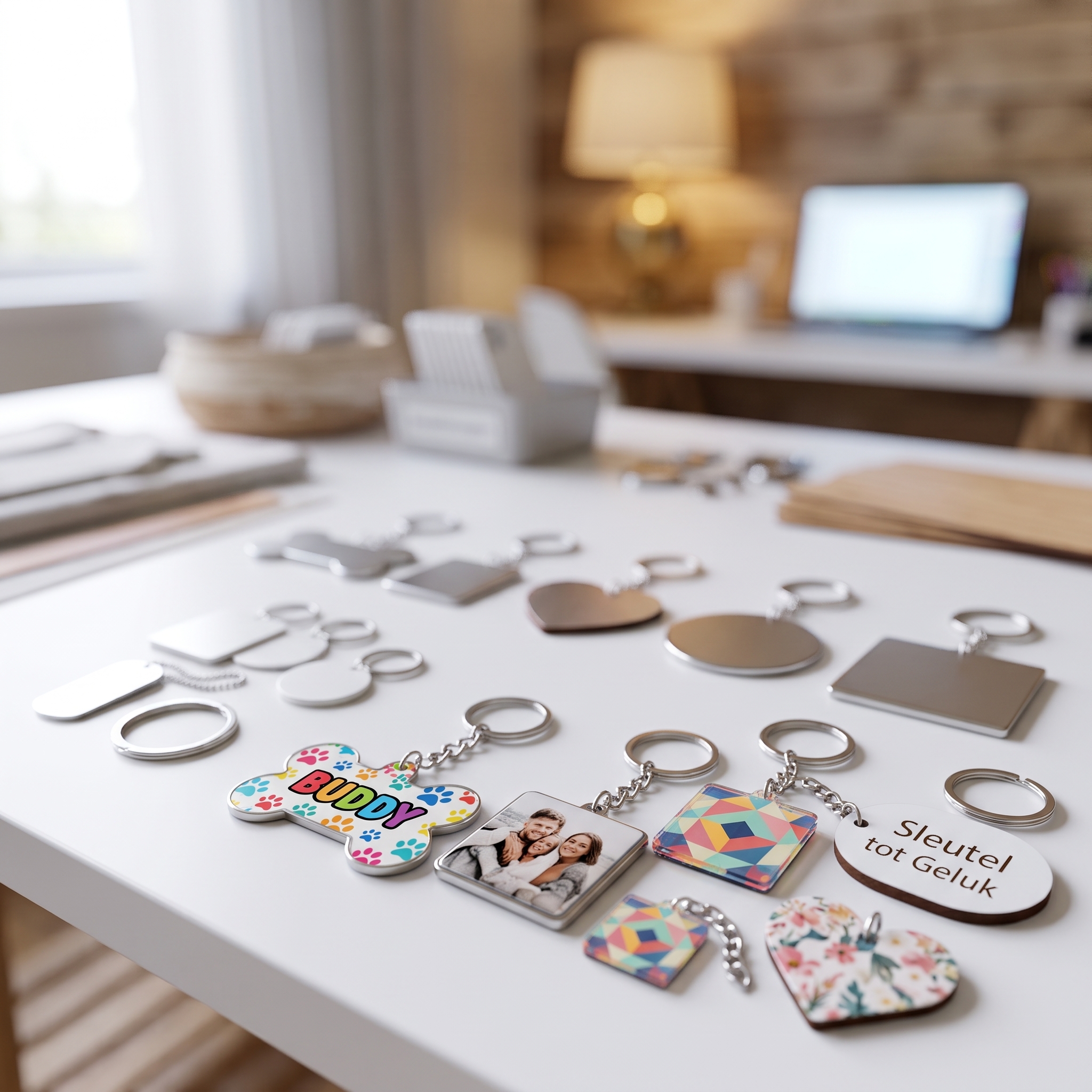 Sleutelhangers met fotos, teksten en patronen naast blanco hangers