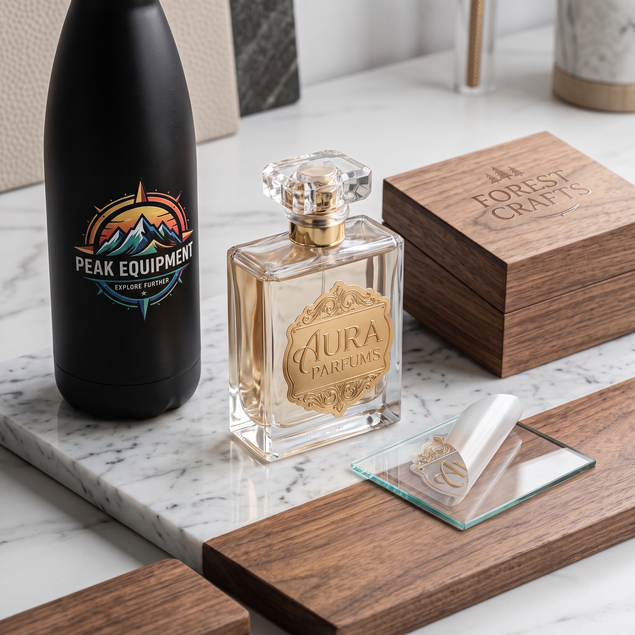 UV DTF op een drinkfles, parfumfles, houten doos en glas