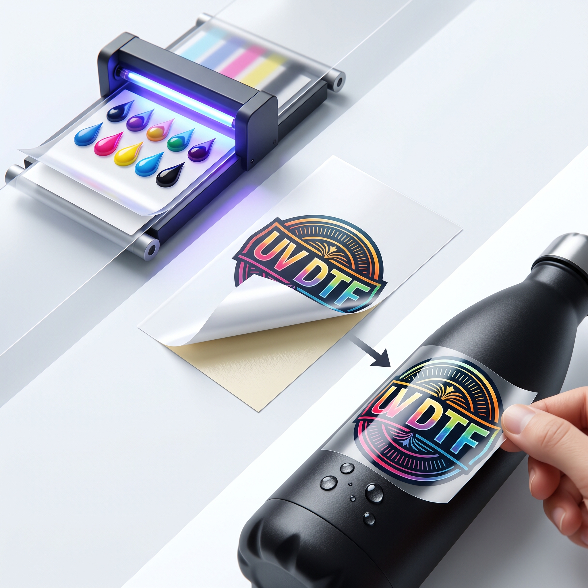 UV DTF printproces: print op folie die op een fles wordt aangebracht