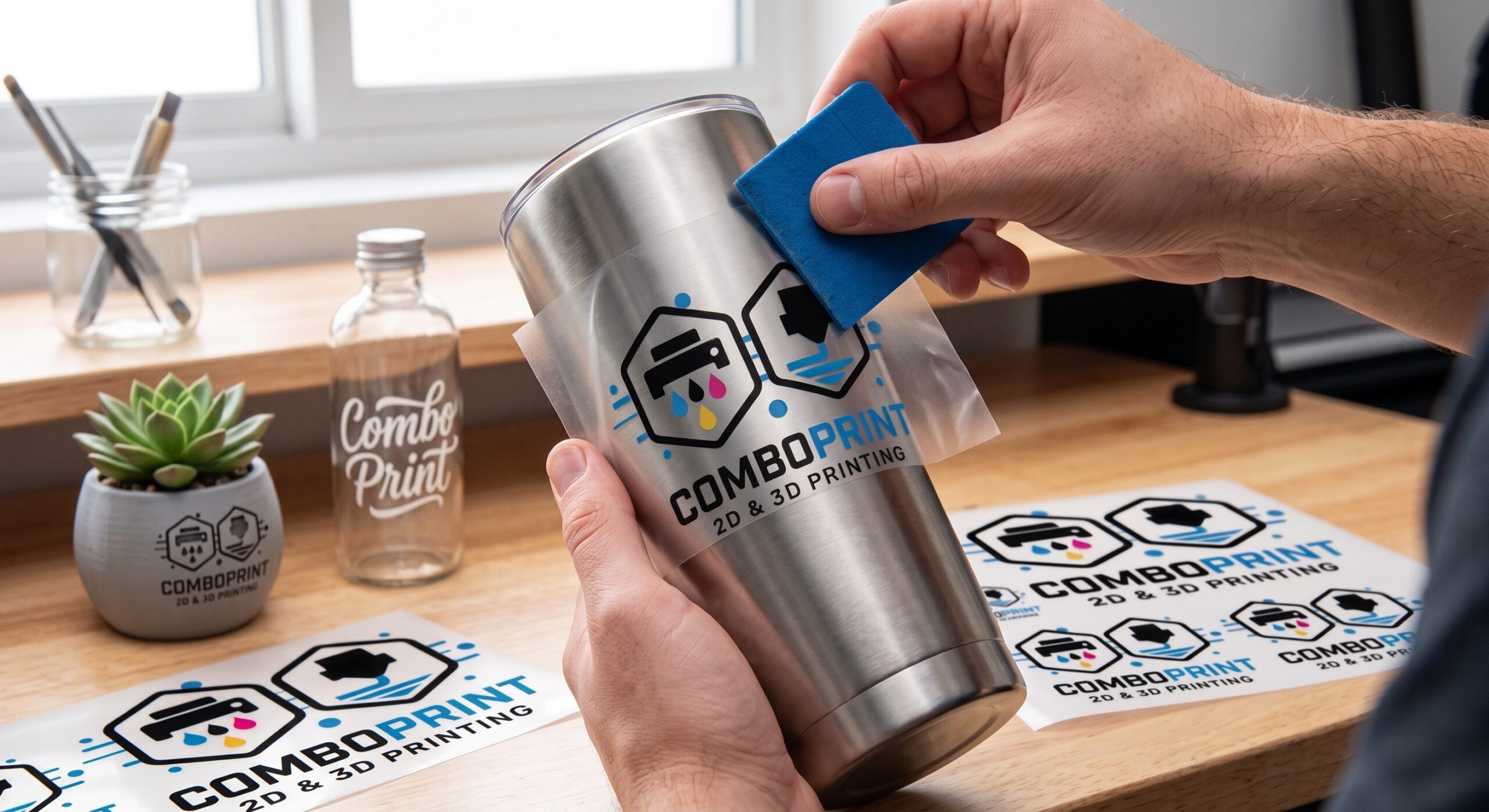 UV DTF-transfer wordt met een spatel op een tumbler aangebracht, met ComboPrint-logo