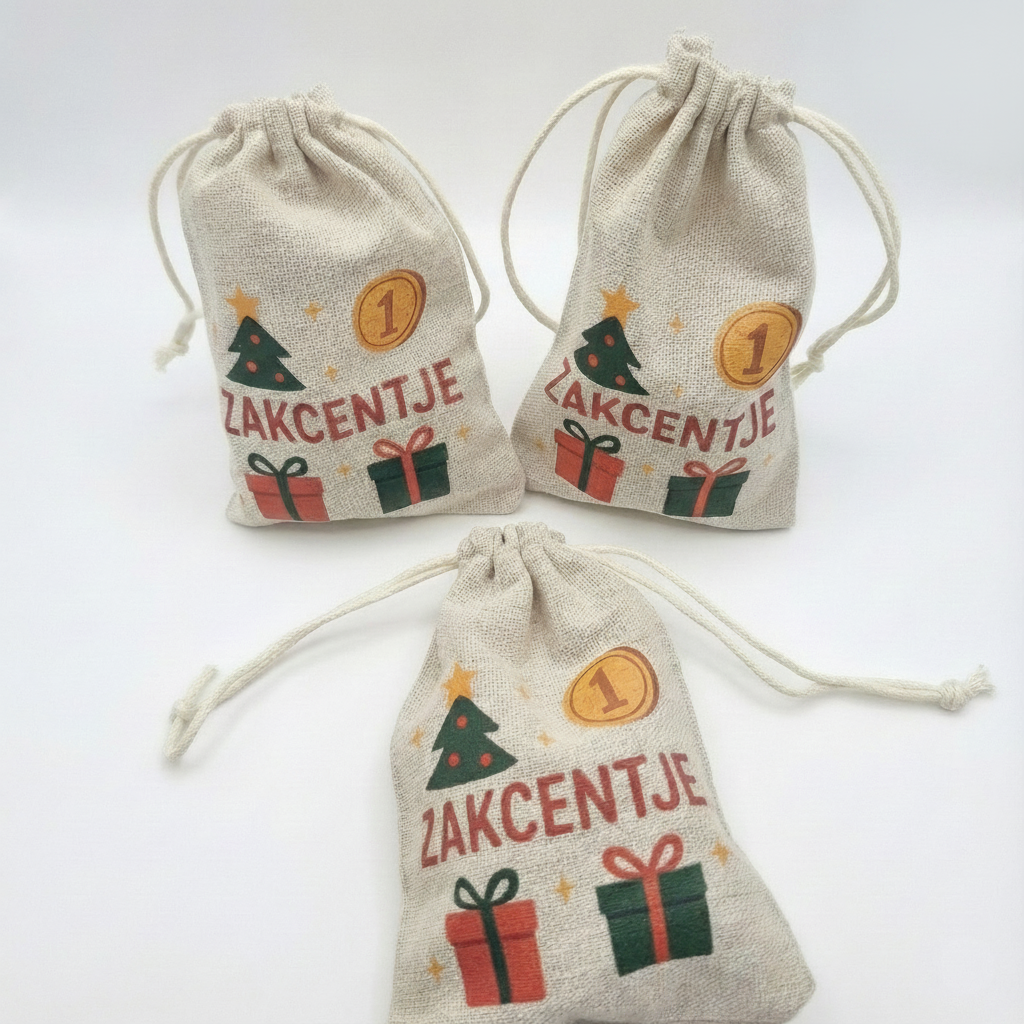 Bedrukte jute zakjes 'Zakcentje' met sinterklaas- en kerstmotief